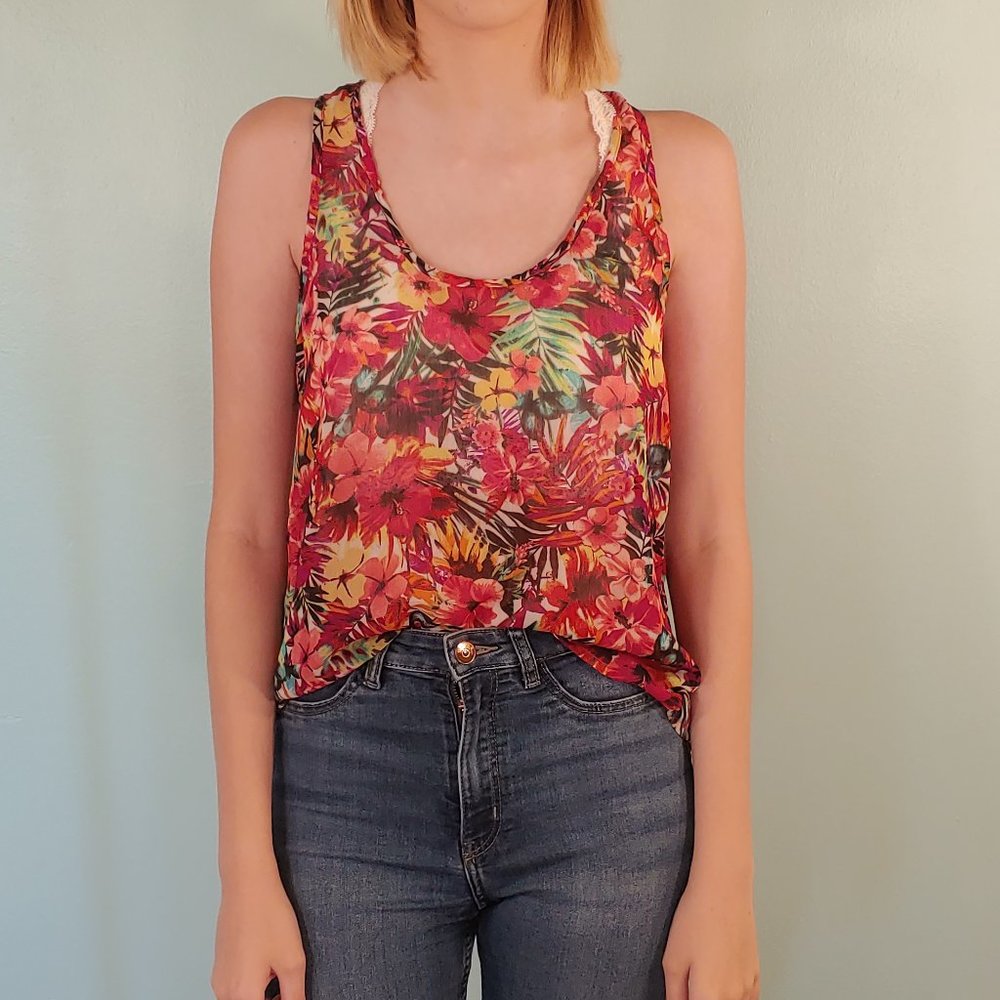 Sheer Tropical Print Tank Top